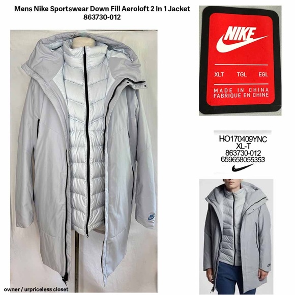 NIKE Men XL Aeroloft Technology 2 In 1 Gray Down Vest + Hood Jacket  MINT - Picture 1 of 15